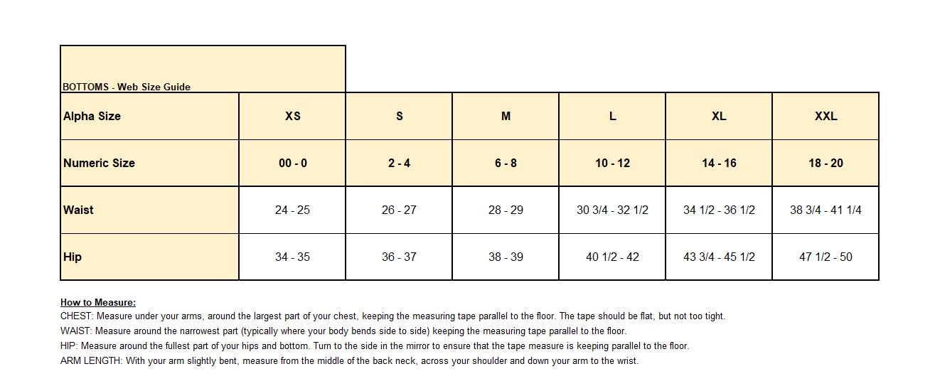Product size guide