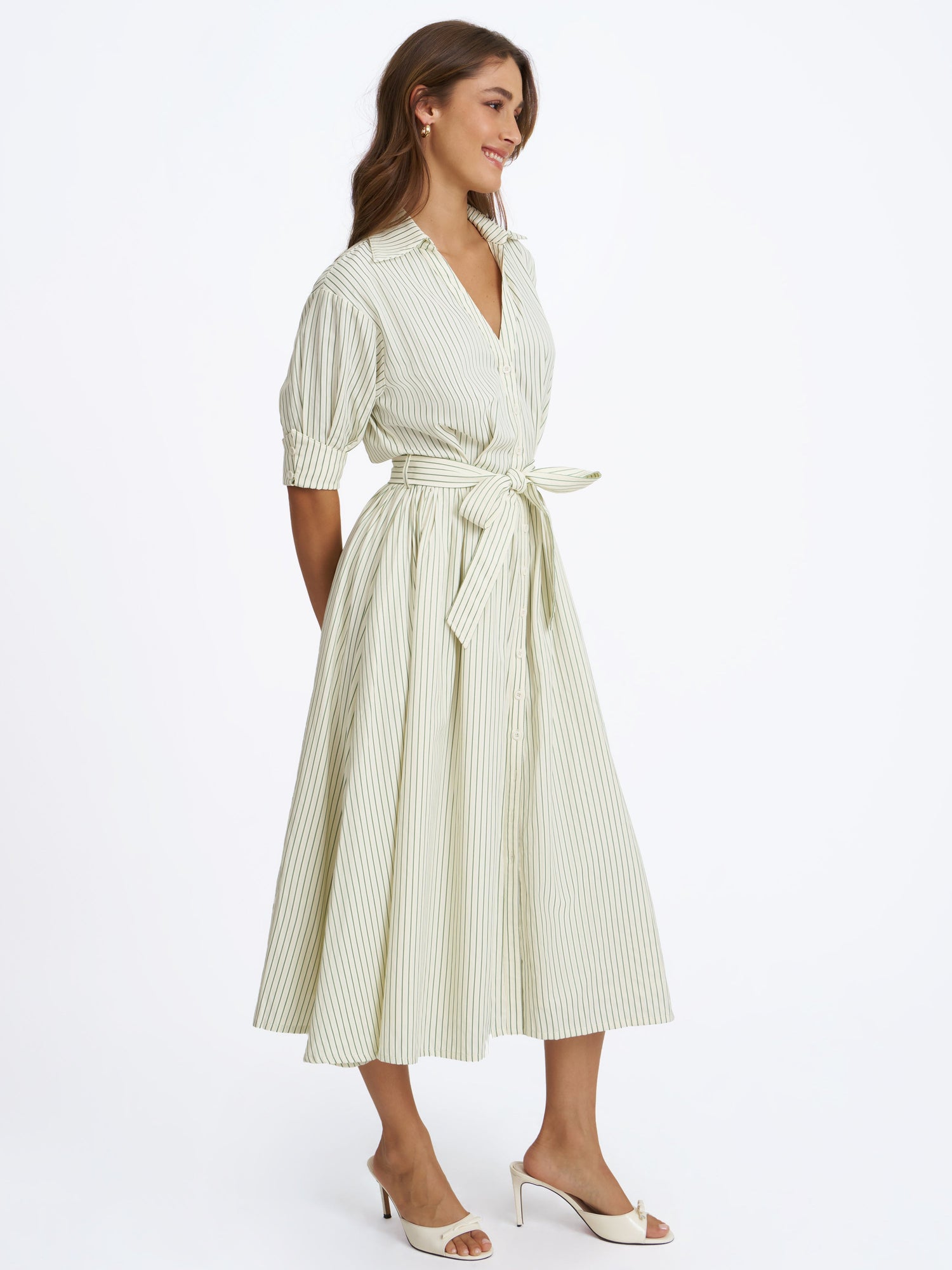 Danica Bamboo Poplin Striped Shirt Midi Dress | Pine Green