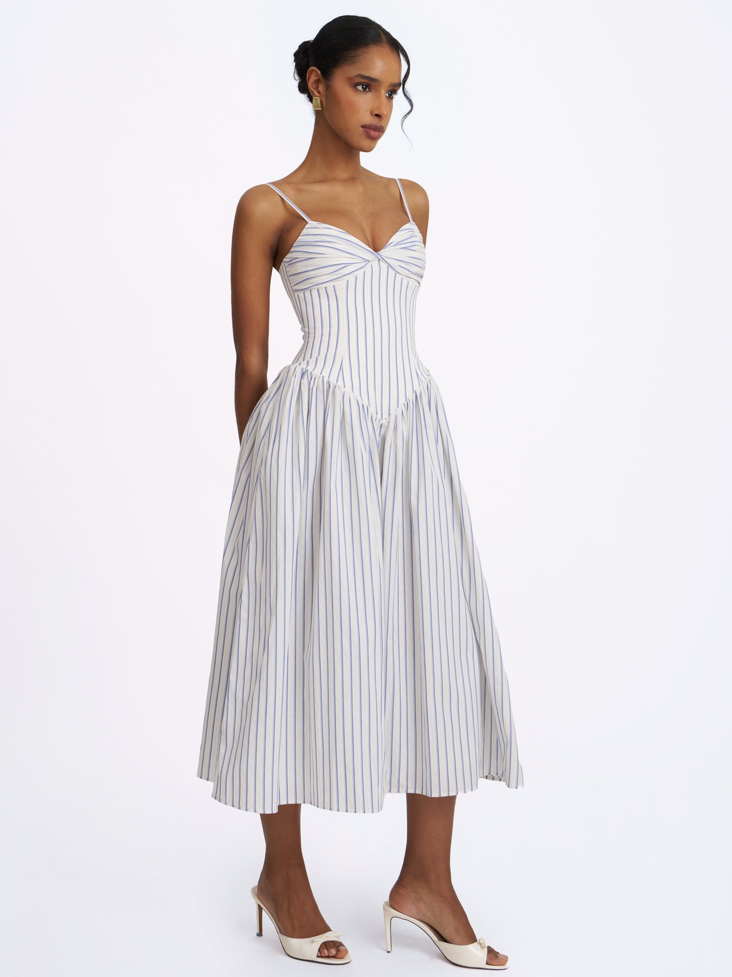 Olea Striped Cotton Poplin Ruched Midi Dress | Sky Blue