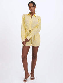 Malou Embroidered Poplin Belted Shirt Romper | Lemon Yellow