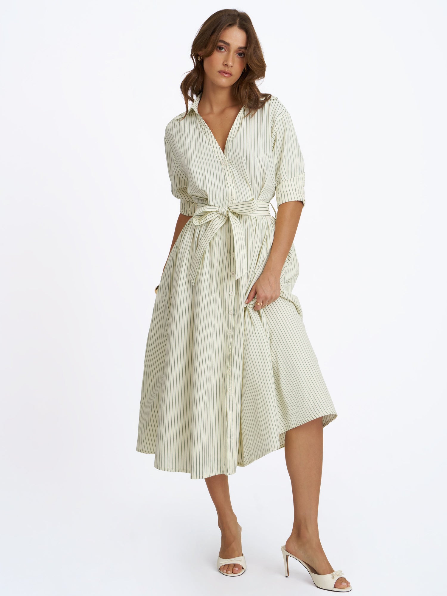 Danica Bamboo Poplin Striped Shirt Midi Dress | Pine Green