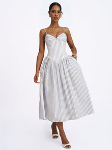 Olea Striped Cotton Poplin Ruched Midi Dress | Sky Blue