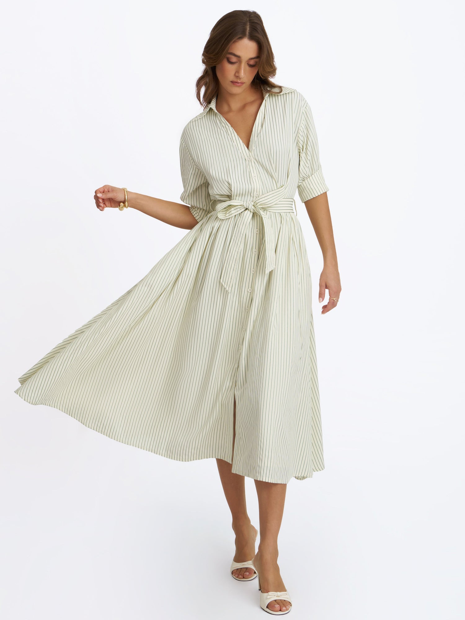 Danica Bamboo Poplin Striped Shirt Midi Dress | Pine Green