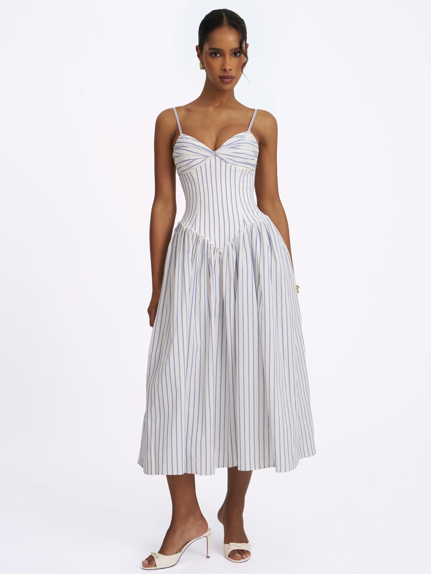 Olea Striped Cotton Poplin Ruched Midi Dress | Sky Blue