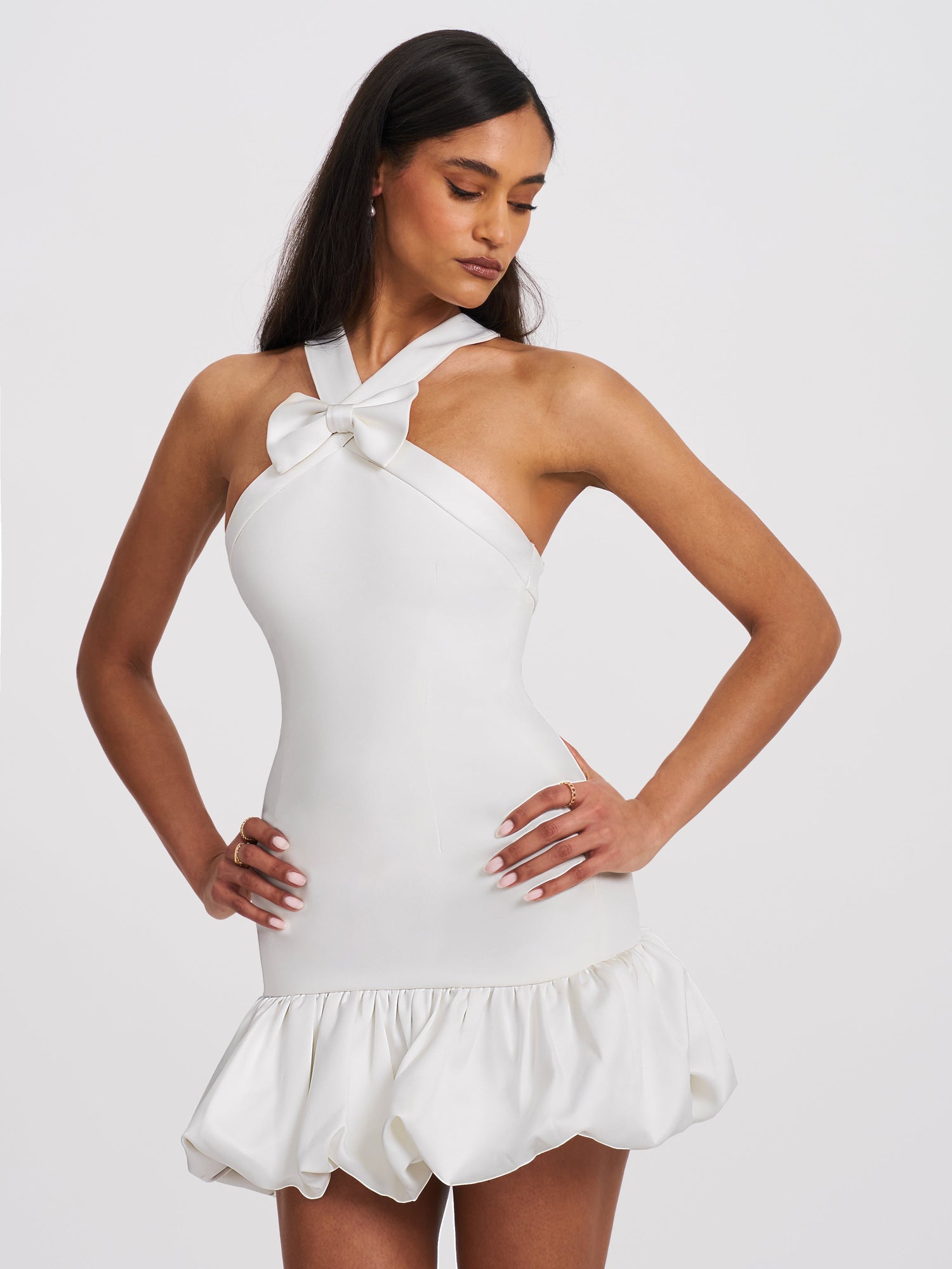 Barbra Cross Straps Bodycon Mini Dress with Bubble Hem | White