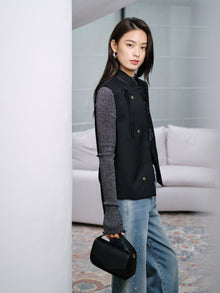 Wool Embroidered Stand Collar Vest | Black