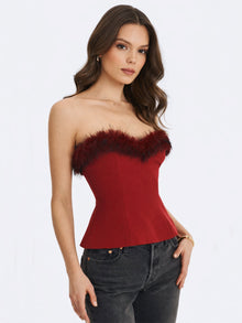 Ivette Fur-Trimmed Peplum Top | Crimson