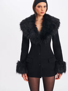 Hailee Single Breasted Wool Blend Mini Coat with Removable Fur Lapel | Black