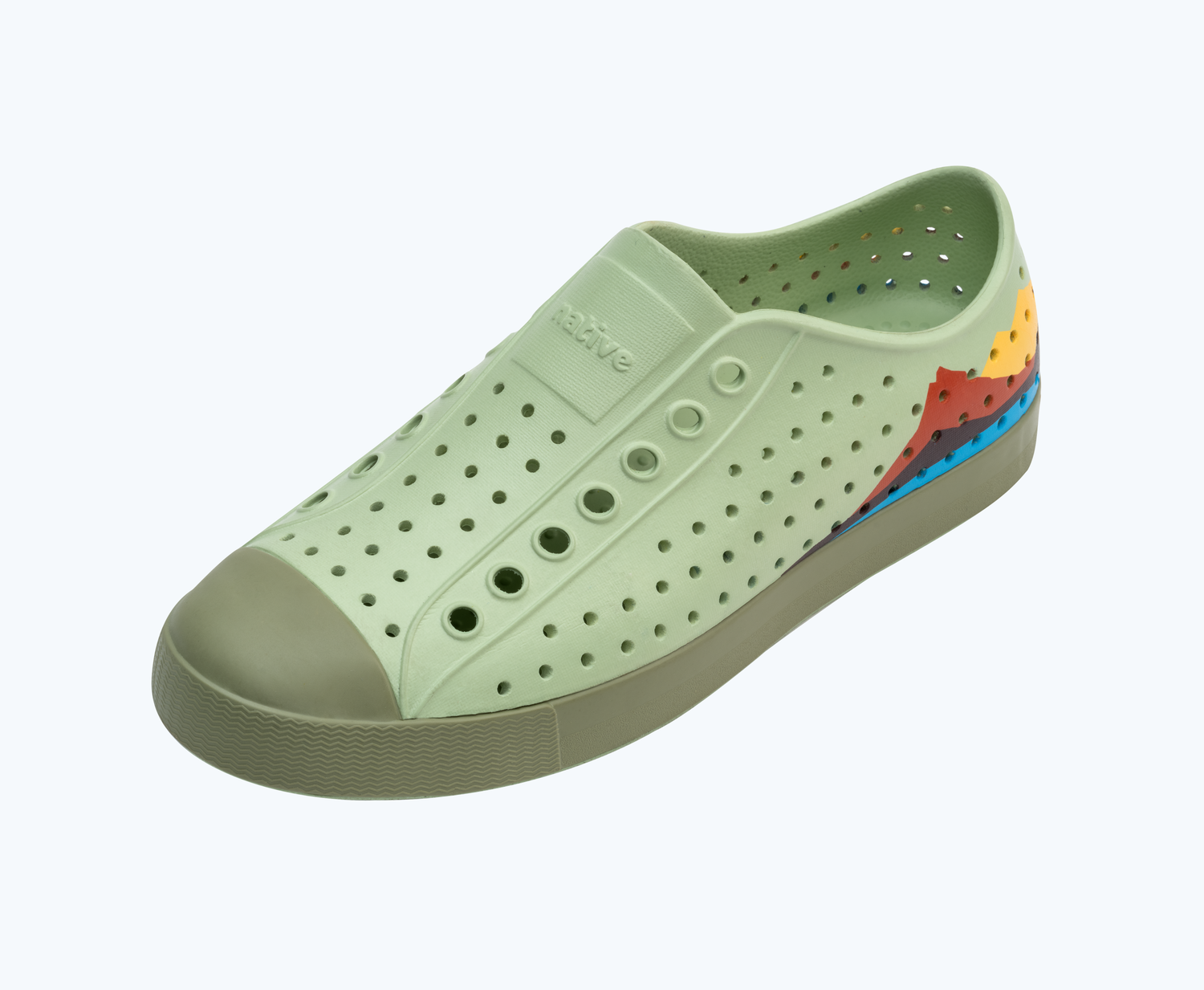 Angled view of a Native Shoes Jefferson Block | Tea Green/ Loch Green/ Crater Mountain Block Footwear