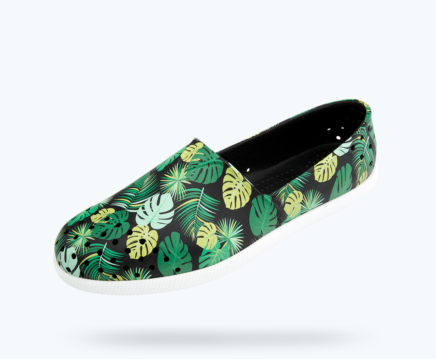 Angled view of a Native Shoes Verona Print | Jiffy Black/ Shell White/ Pickle Foliage Footwear
