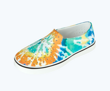 Angled view of a Native Shoes Miles Print | Shell White/ Shell White/ Orange Tie Dye Footwear
