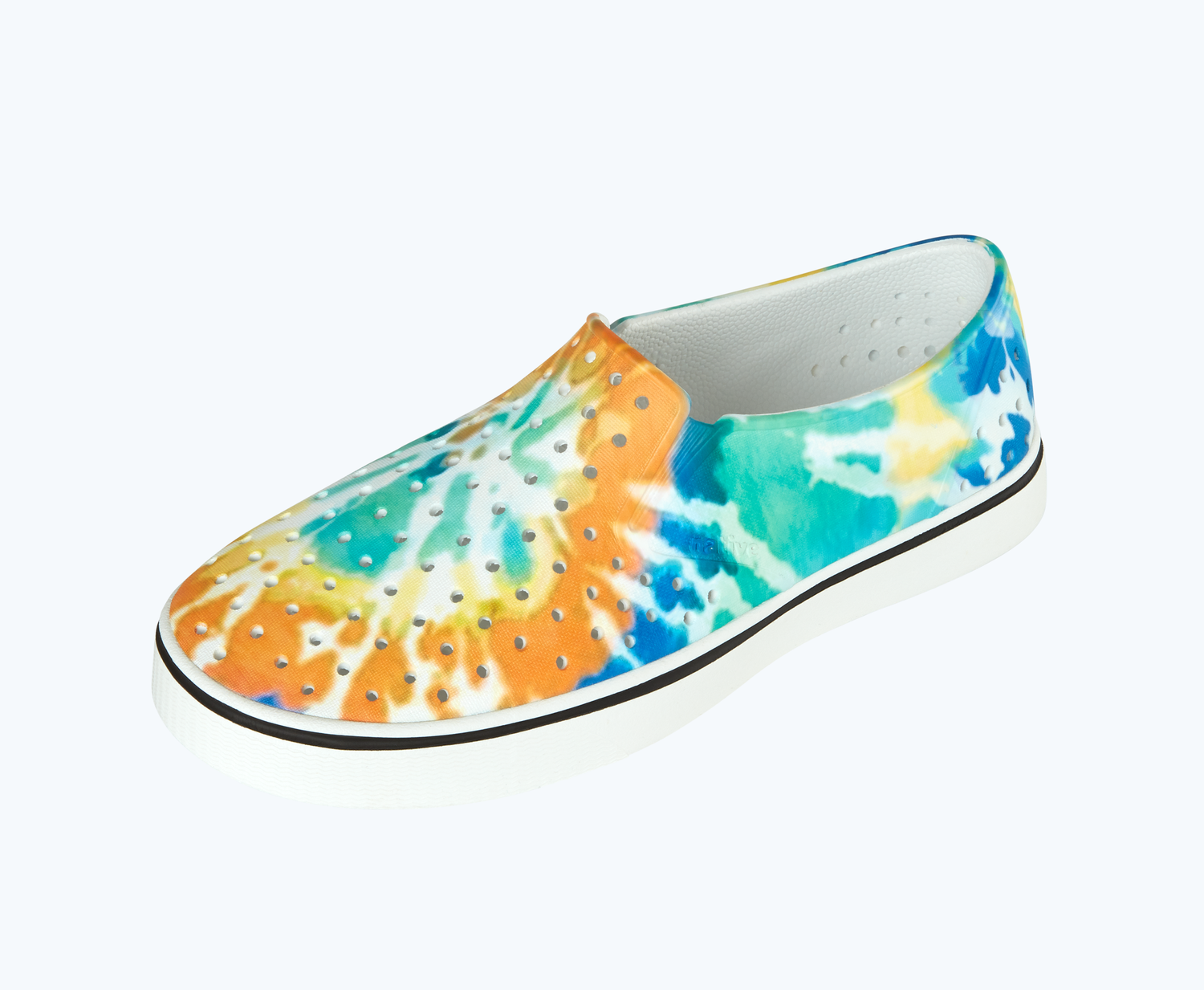 Angled view of a Native Shoes Miles Print | Shell White/ Shell White/ Orange Tie Dye Footwear
