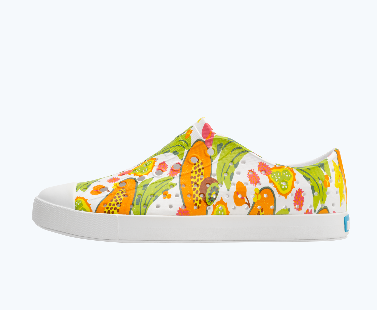 Side view of a Native Shoes Adults Jefferson Print | Shell White/ Shell White/ Dazzle Tropic Fruits Footwear