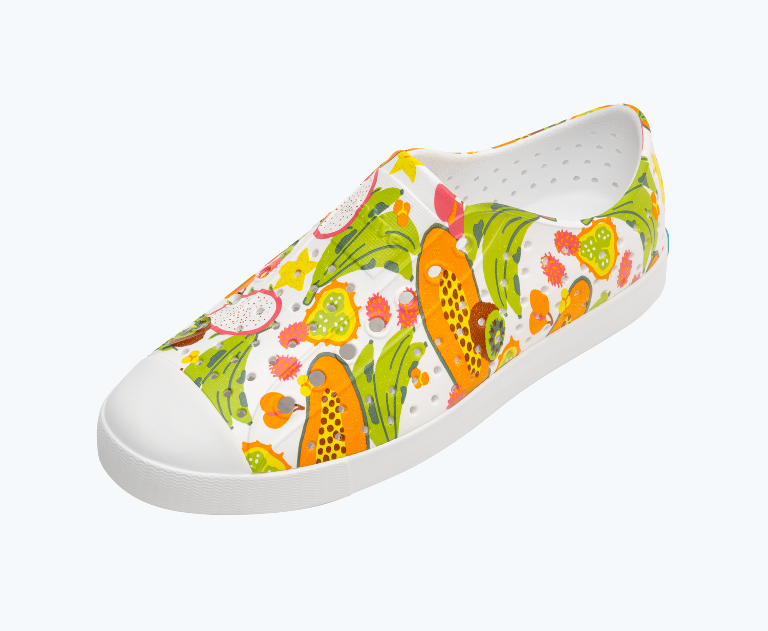 Angled view of a Native Shoes Jefferson Print | Shell White/ Shell White/ Dazzle Tropic Fruits Footwear
