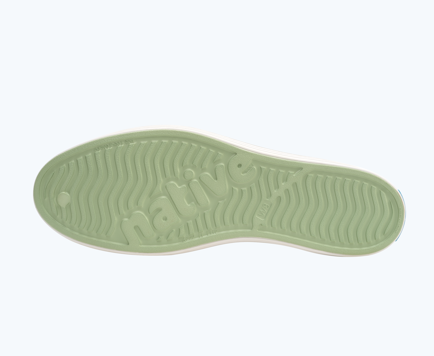 Bottom view of a Native Shoes Jericho | Tea Green/ Shell White Footwear