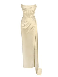 Prisa High Slit Satin Corset Gown | Egg White