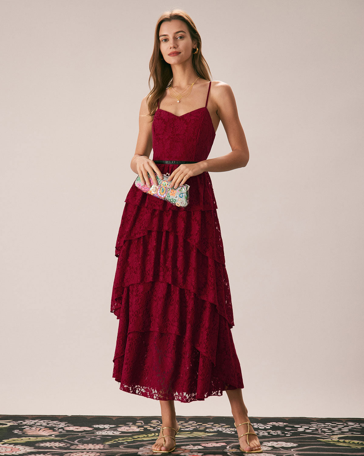 Sweetheart Neck Lace Maxi Dress | Red