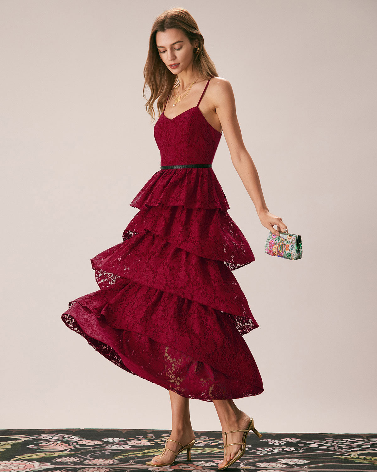 Sweetheart Neck Lace Maxi Dress | Red