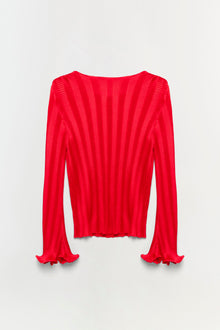 Red ribbed long-sleeve top with ruffled cuffs and crew neckline.