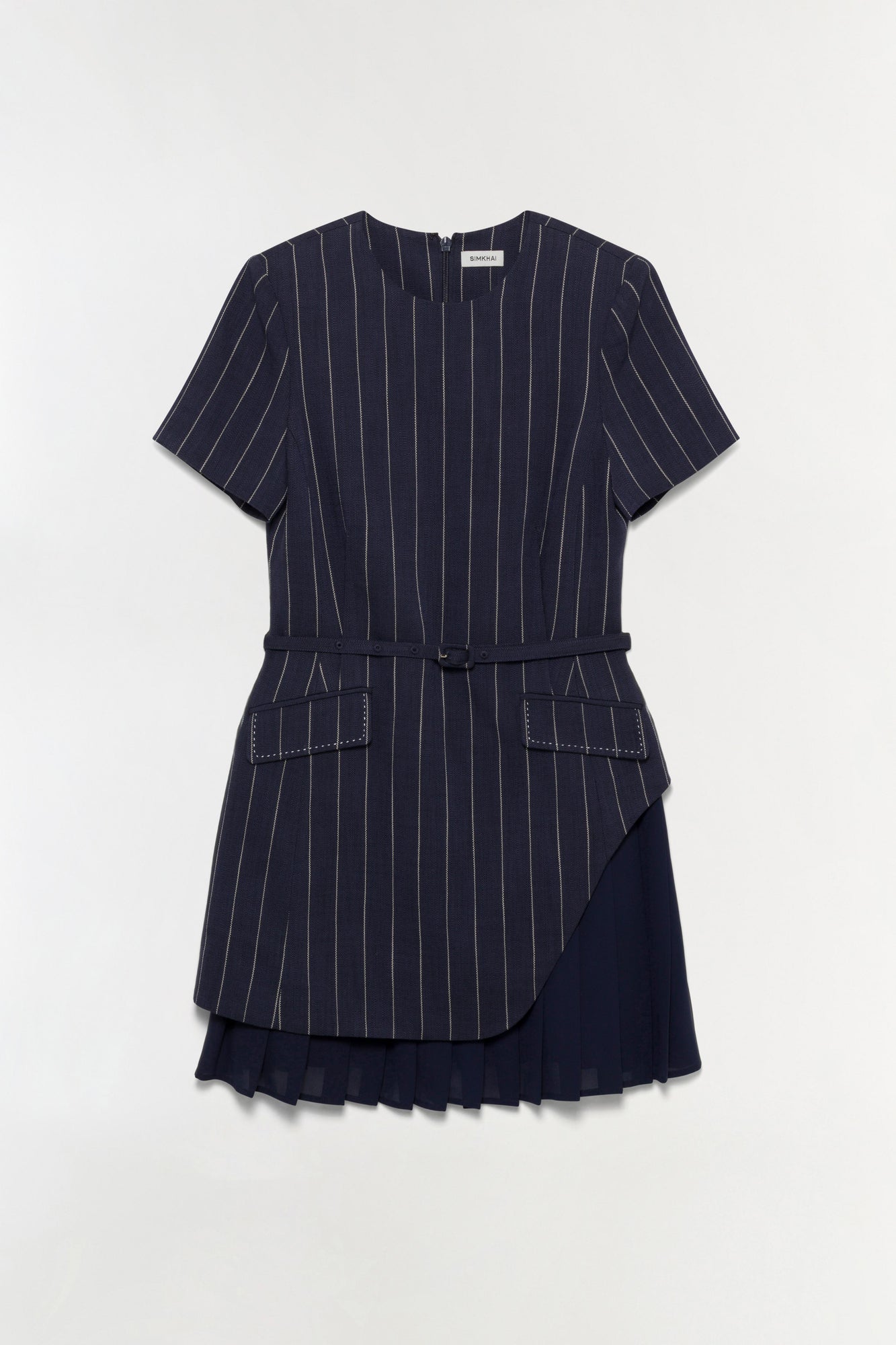 Navy pinstriped mini dress with short sleeves, belted waist, patch pockets, and pleated skirt hem.