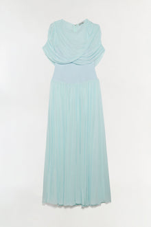 Light blue draped jersey maxi dress with cape-style neckline and pleated skirt.