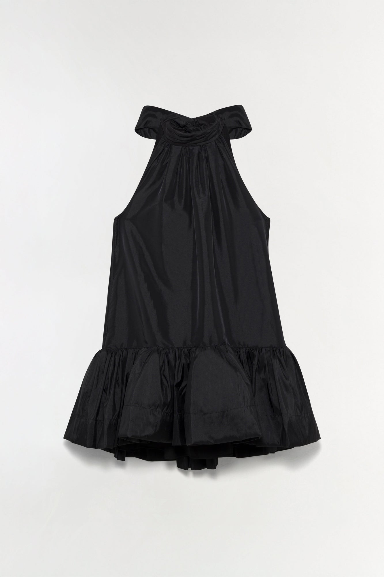 Black sleeveless mini dress with off-shoulder bow neckline and gathered ruffle hem.