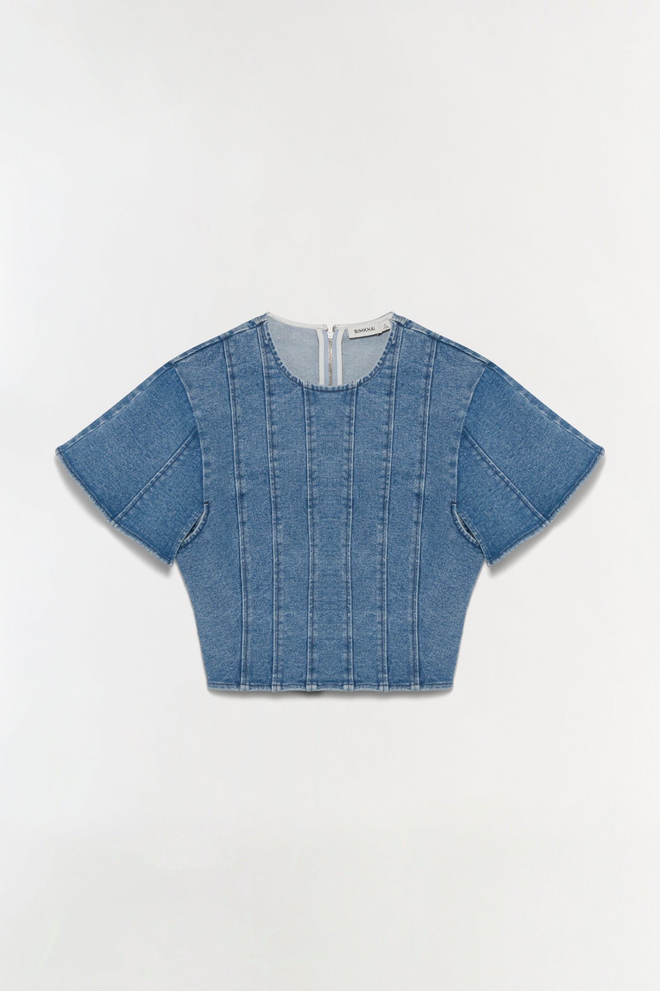 Blue denim top with vertical seaming detail, short puffed sleeves, and a back zip closure.