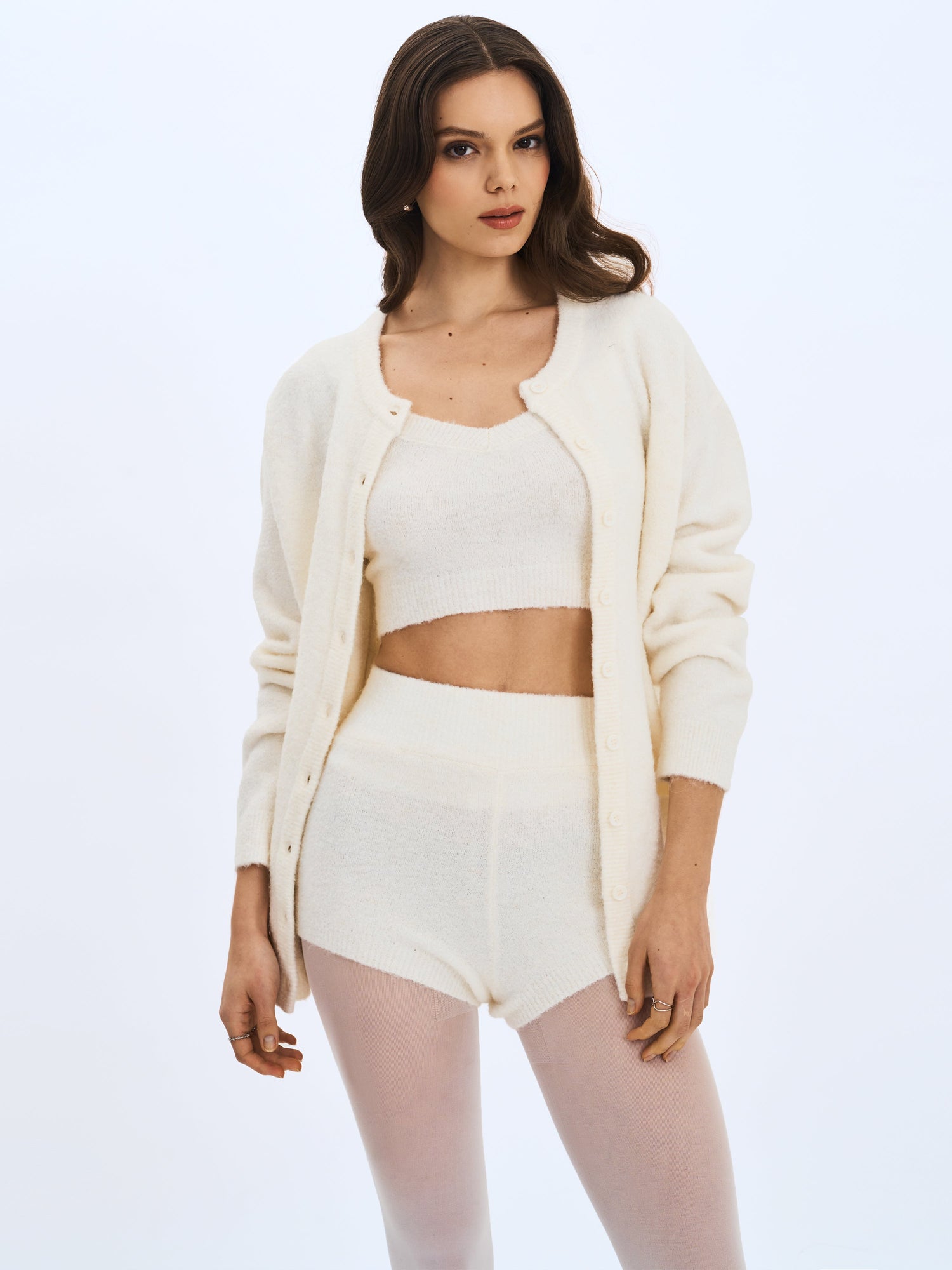 Selene Wool-Blend Ribbed Knit V-Neck Top | White