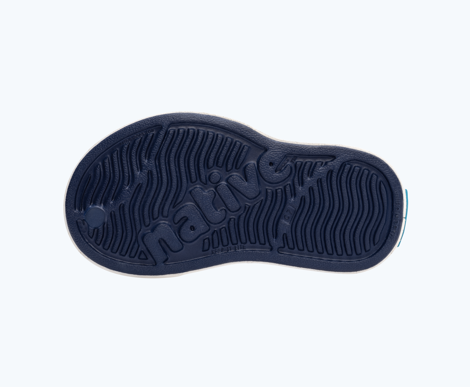 Bottom view of a Native Shoes Kids Miles Kids | Regatta Blue/ Shell White Footwear