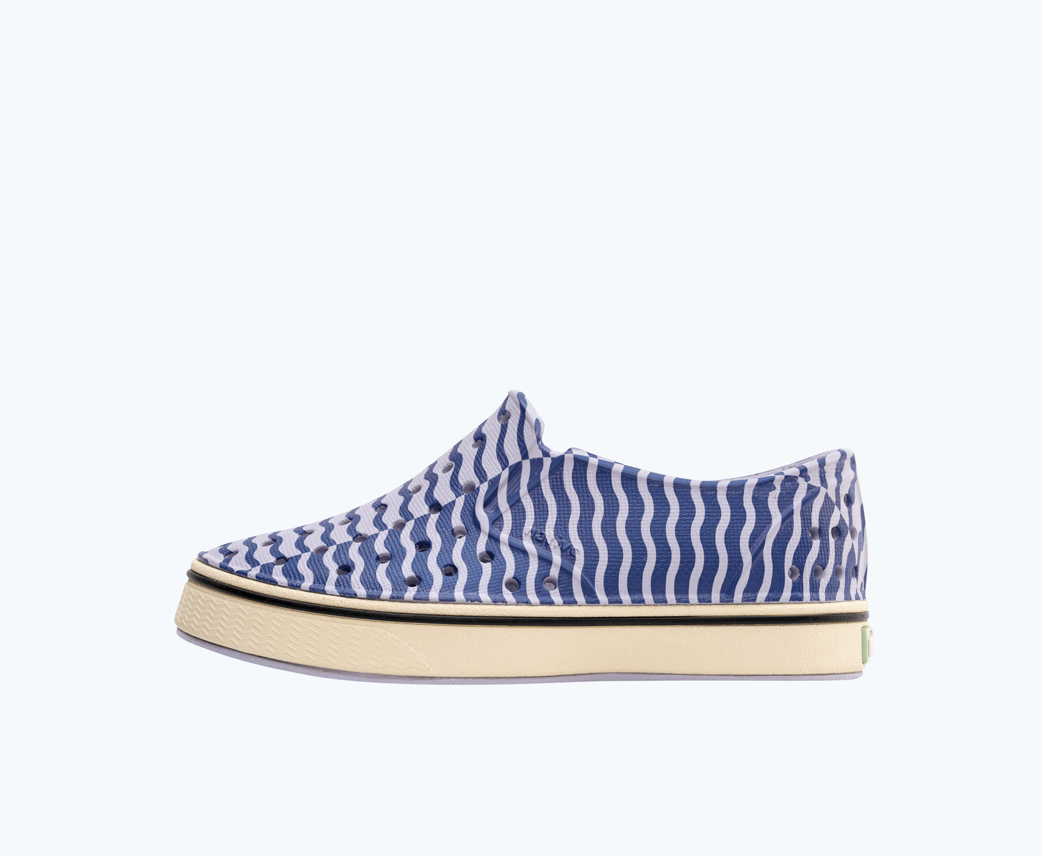 Side view of a Native Shoes Kids Miles Bloom Print Kids | Future Purple/ Bone White/ Ink Wiggle Stripe Footwear