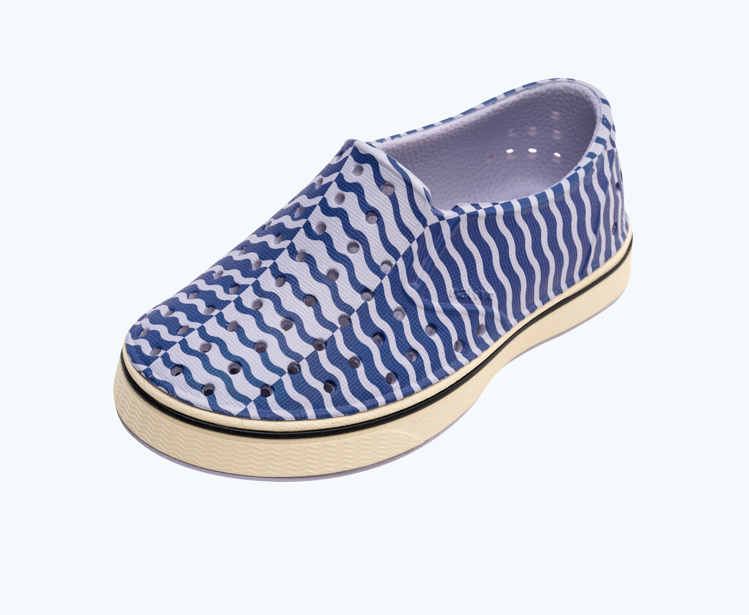 Angled view of a Native Shoes Kids Miles Bloom Print Kids | Future Purple/ Bone White/ Ink Wiggle Stripe Footwear