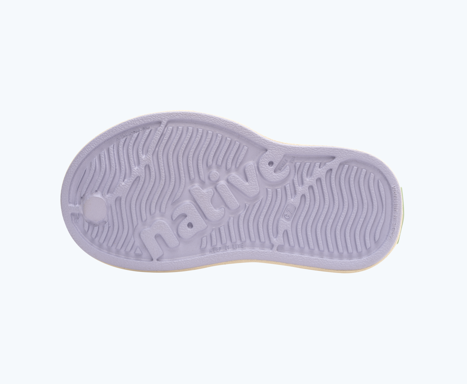 Bottom view of a Native Shoes Kids Miles Bloom Print Kids | Future Purple/ Bone White/ Ink Wiggle Stripe Footwear