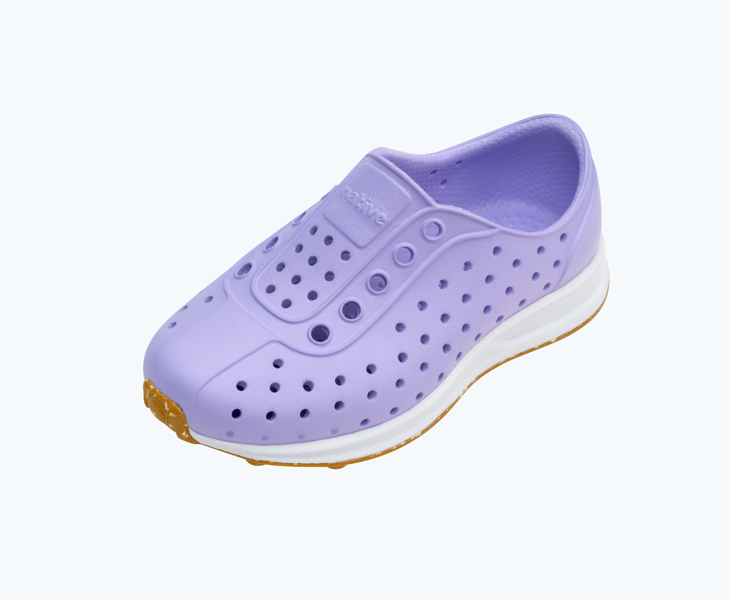 Angled view of a Native Shoes Kids Robbie Kids | Healing Purple/ Shell White/ Mash Speckle Rubber Footwear