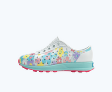 Side view of a Native Shoes Kids Robbie Print Kids | Coastal Blue/ Hydrangea Blue/ Pastel Daisy/ Dazzle Speckle Rubber Footwear
