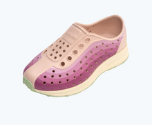 Angled view of a Native Shoes Kids Robbie Print Kids | Chameleon Pink/ Bone White/ Fig Speckle Rubber/ Twilight Foggy Fade Footwear
