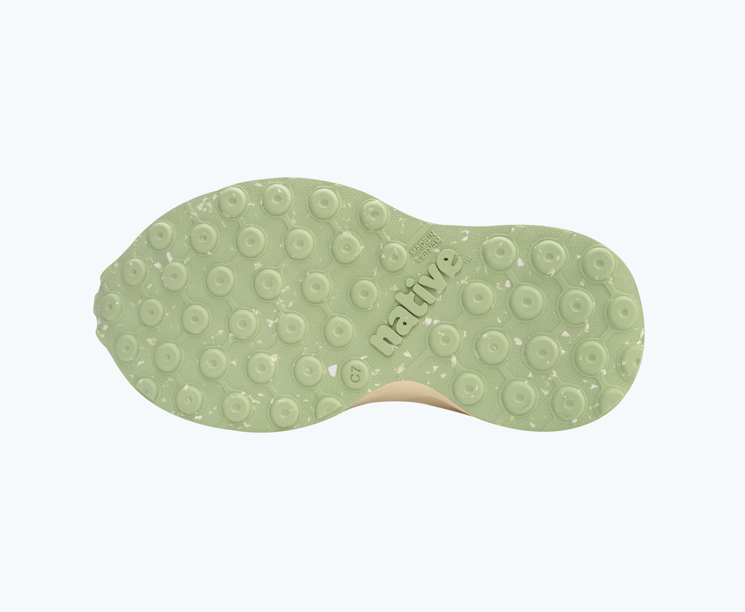 Bottom view of a Native Shoes Kids Robbie Print Kids | Chameleon Pink/ Bone White/ Fig Speckle Rubber/ Twilight Foggy Fade Footwear