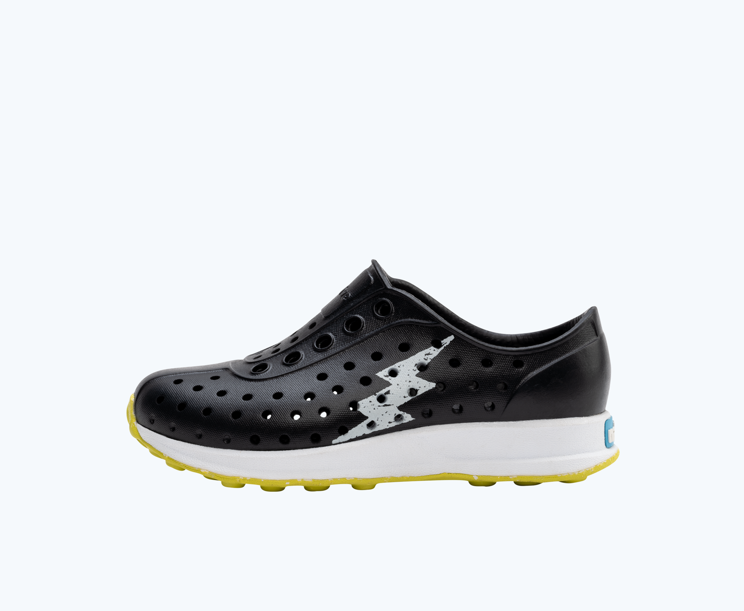 Side view of a Native Shoes Kids Robbie Sugarlite Glow Kids | Jiffy Black/ Shell White/ Shell Lightning Glow/ Pickle Speckle Rubber Footwear