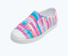 Angled view of a Native Shoes Kids Jefferson Print Kids | Shell White/ Shell White/ Pastel Multi Stripe 2 Footwear