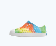 Side view of a Native Shoes Kids Jefferson Print Kids | Shell White/ Shell White/ Rainbow Tie Dye Footwear