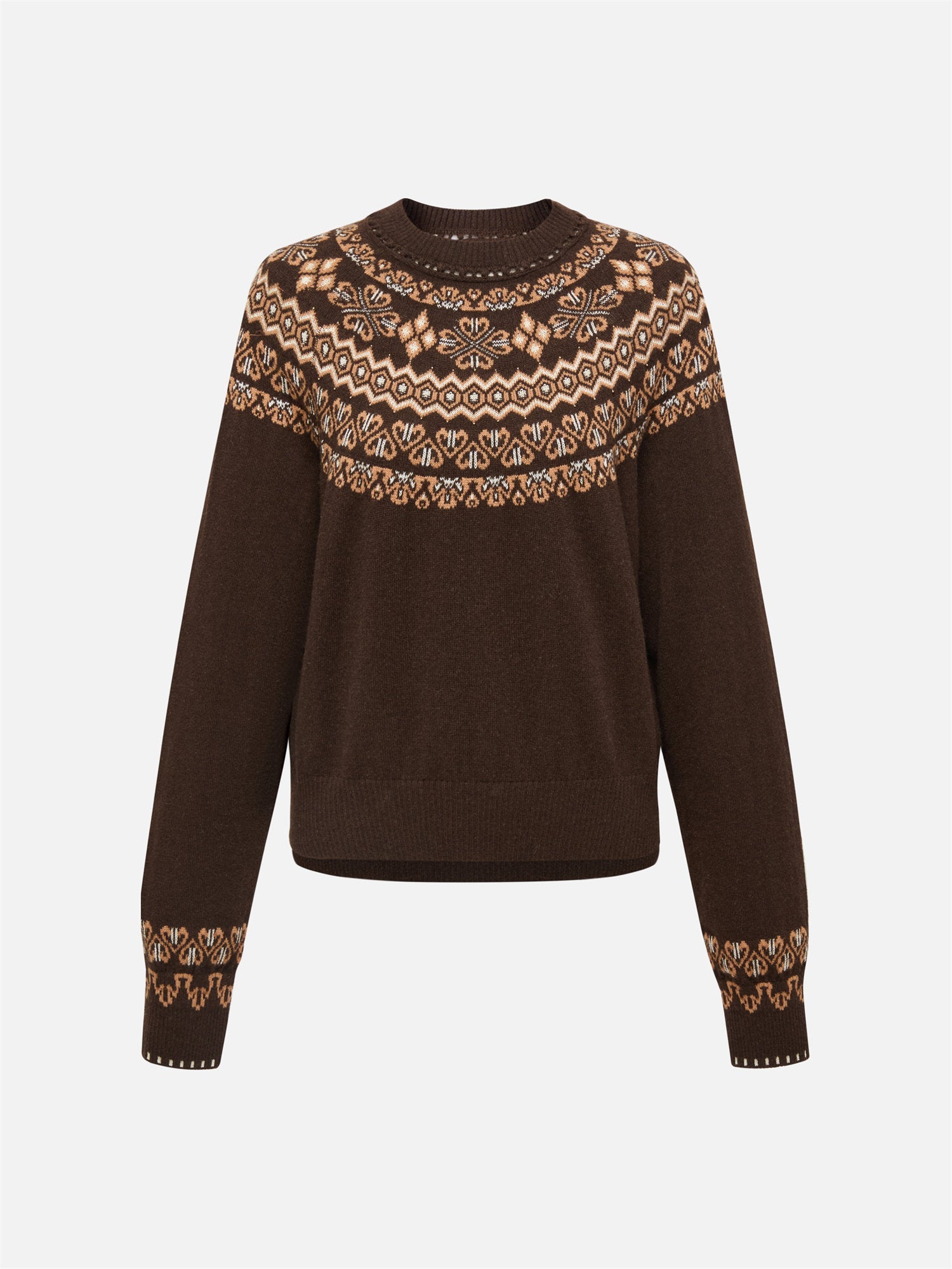 Coffee Yak Wool Ethnic Jacquard Pullover Sweater | Brown