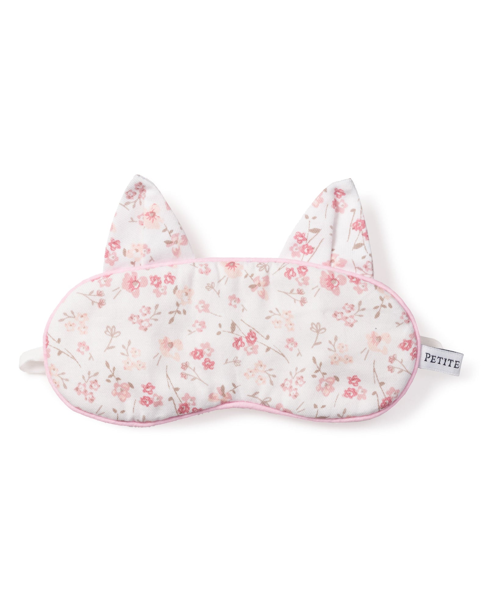 The Kids Kitty Sleep Mask in Dorset Floral by Petite Plume features pink flowers and cat ears, making it the perfect monogrammed gift for those who love whimsy in their sleep routine.