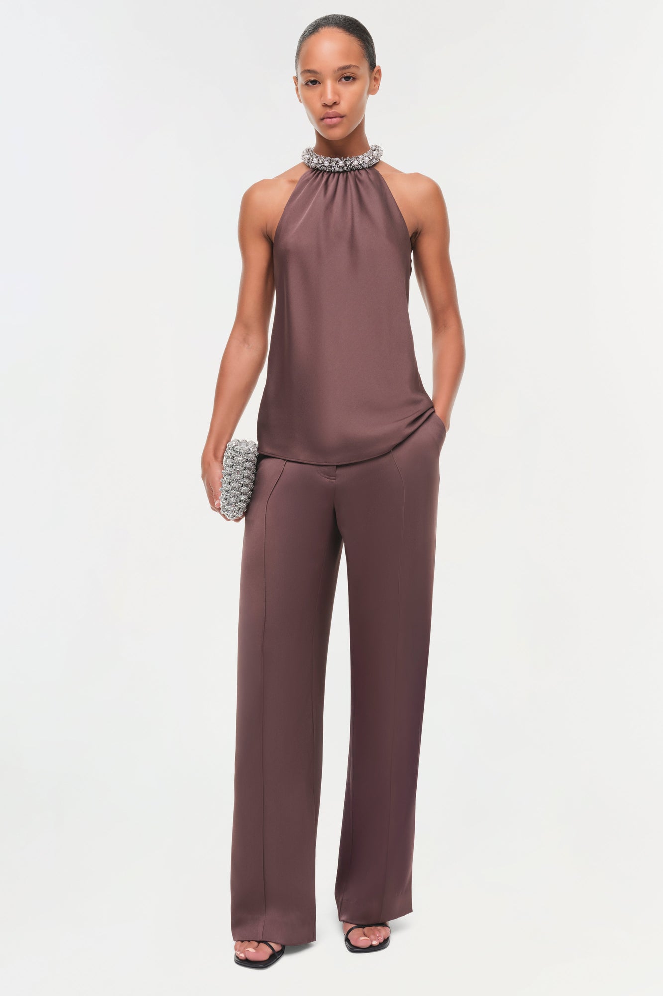 Mauve satin halter top with beaded neckline and matching wide-leg pants.