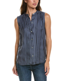 Vince | Womens | Crinkled Band Collar Blouse | Blue