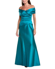 Teri Jon by Rickie Freeman | Womens | Stretch Mikado Off-Shoulder Ruched Waist Dress | Blue