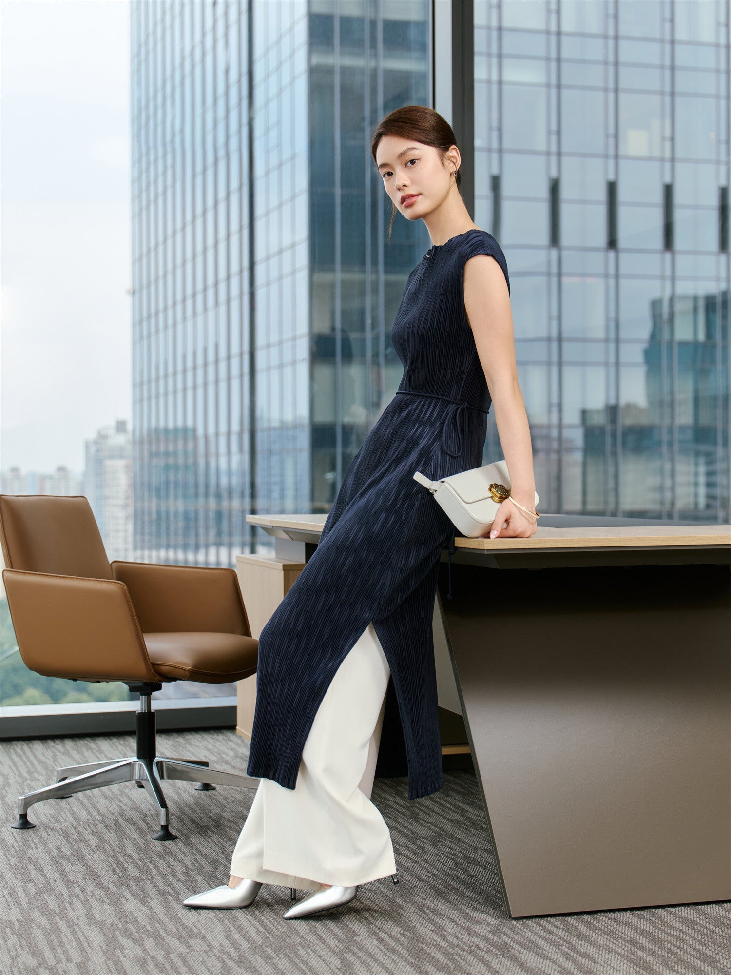 Pleated Slimming Dress | Navy