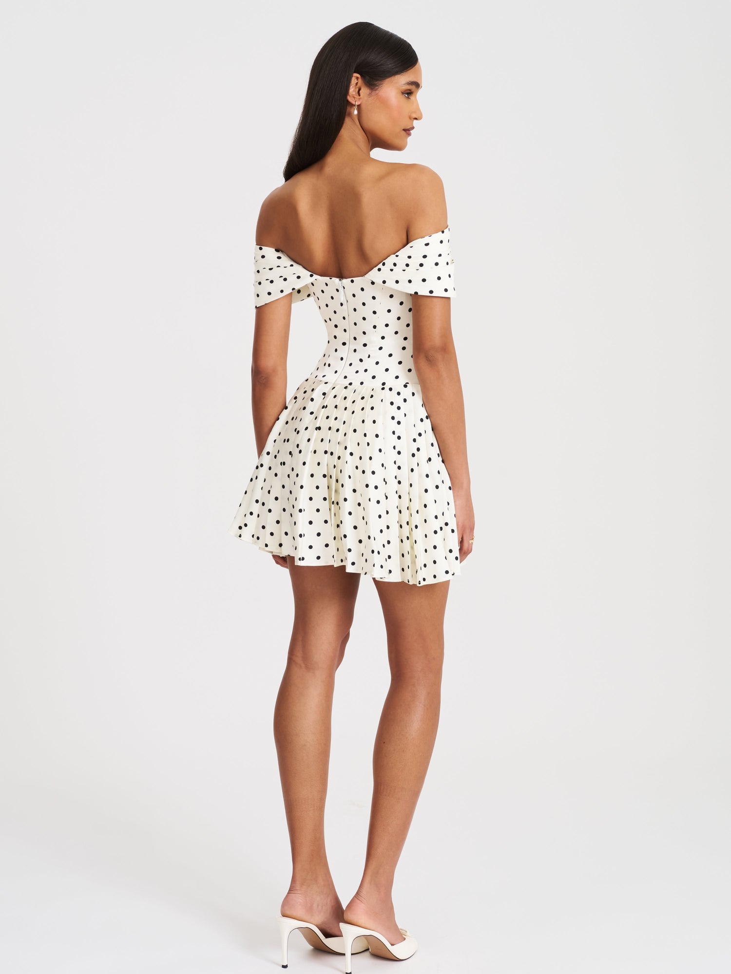 Edeline Polka Dot Off-shoulder Pleated Mini Dress | Black and White Polka Dot