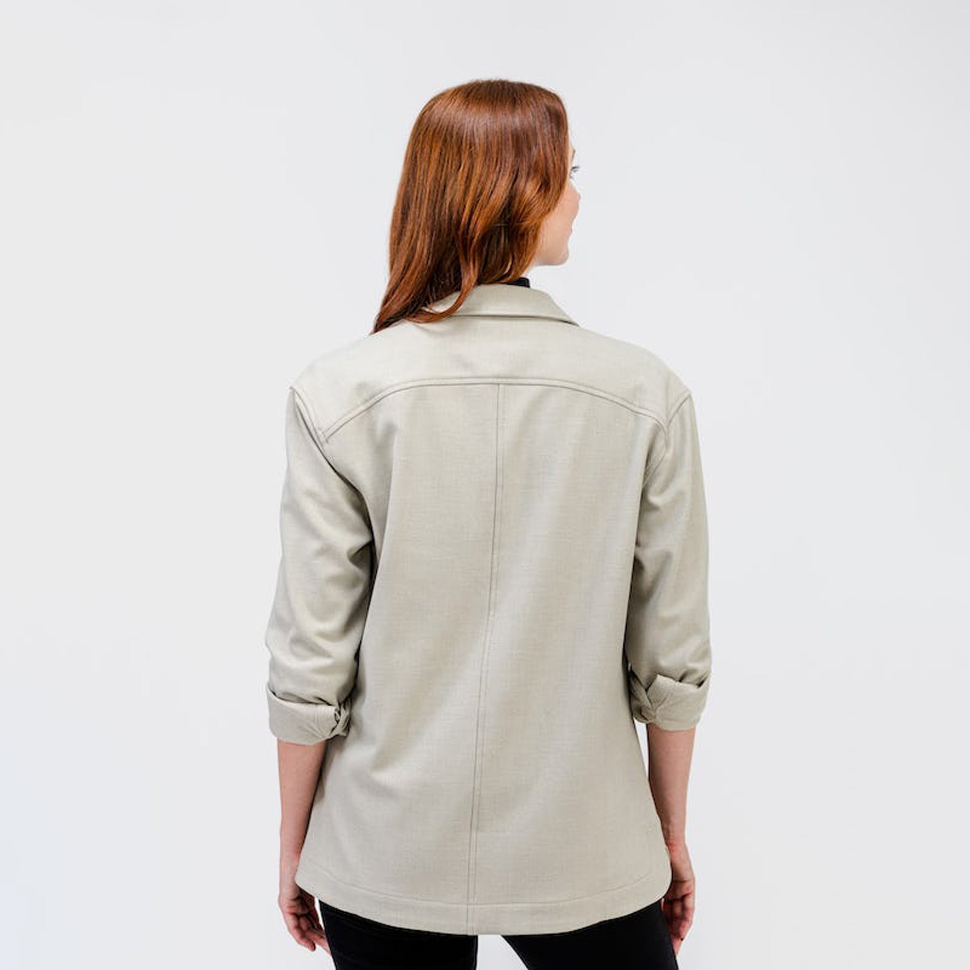 women wearing womens fusion overshirt back waist up shot