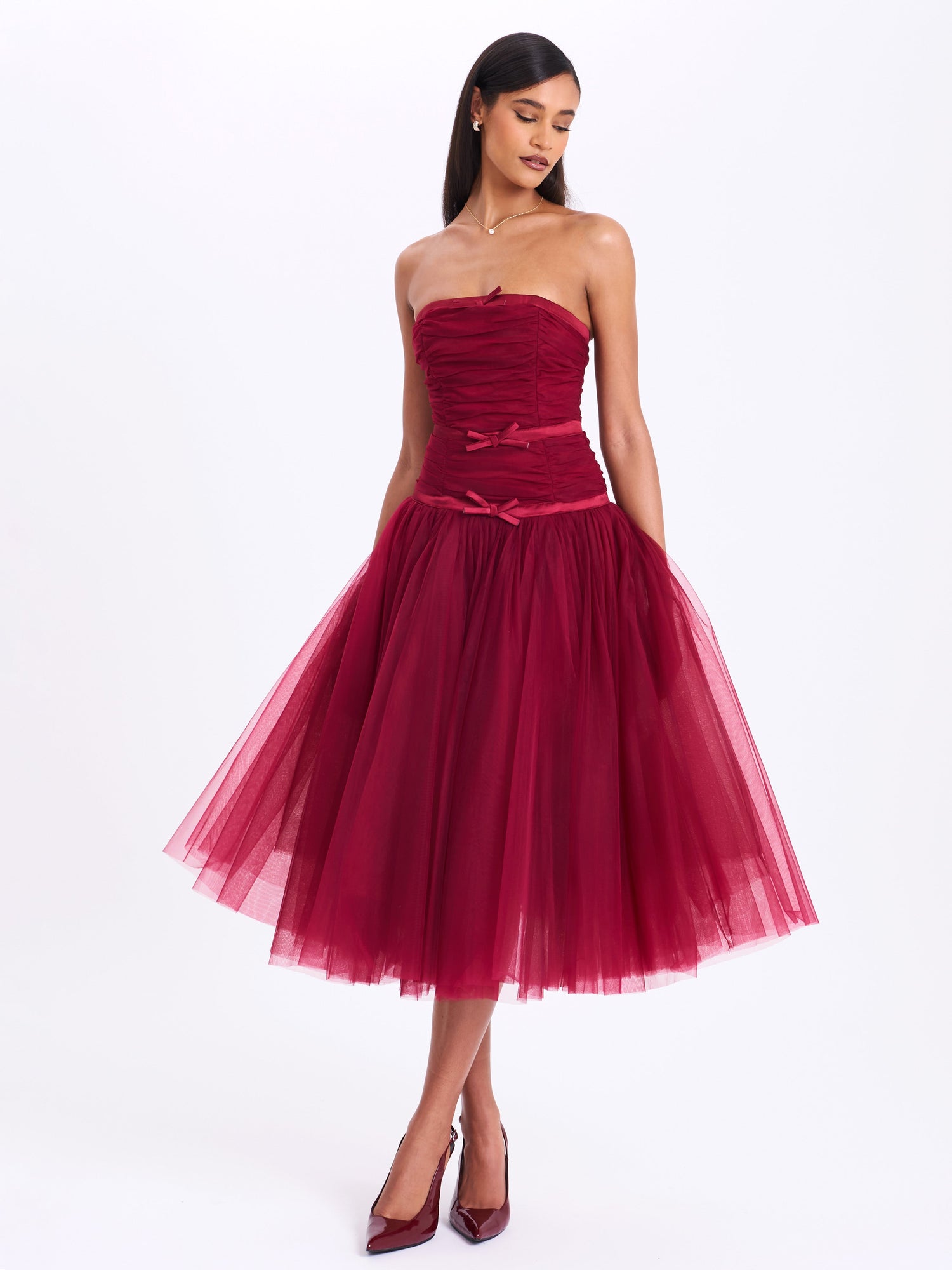 Mabel Drop Waist Layered Mesh Midi Puffy Dress with Bow | Burgundy