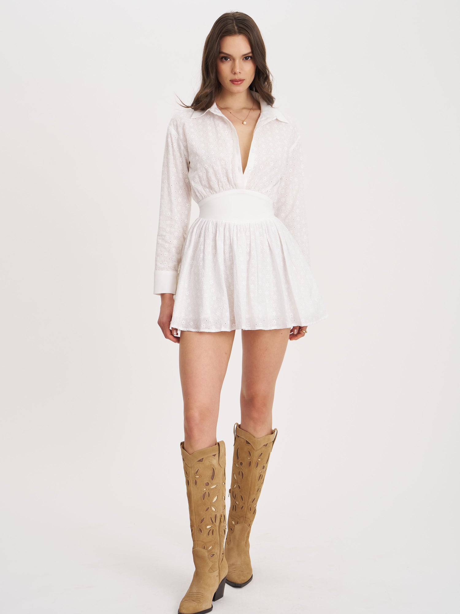 Gabriella Cotton Eyelet Button Up Long Sleeve Shirt Dress | White