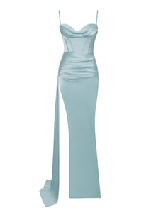 Elayna Strappy Satin Corset High Slit Gown | Pale Blue